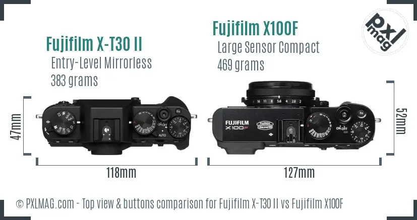 Fujifilm X-T30 II vs Fujifilm X100F top view buttons comparison