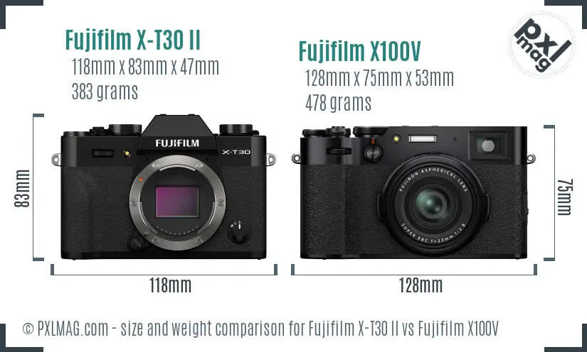 Fujifilm X-T30 II vs Fujifilm X100V size comparison