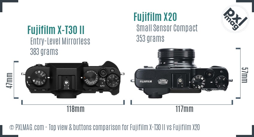Fujifilm X-T30 II vs Fujifilm X20 top view buttons comparison