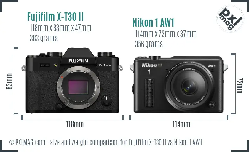 Fujifilm X-T30 II vs Nikon 1 AW1 size comparison