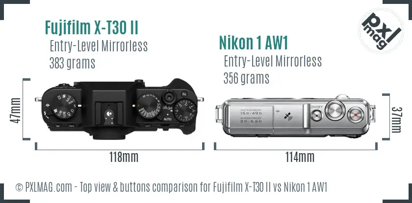 Fujifilm X-T30 II vs Nikon 1 AW1 top view buttons comparison
