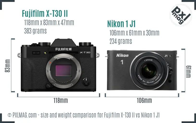 Fujifilm X-T30 II vs Nikon 1 J1 size comparison