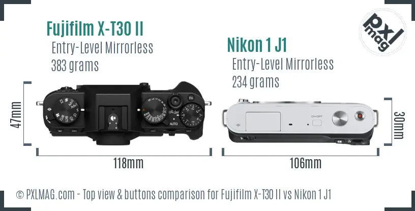Fujifilm X-T30 II vs Nikon 1 J1 top view buttons comparison
