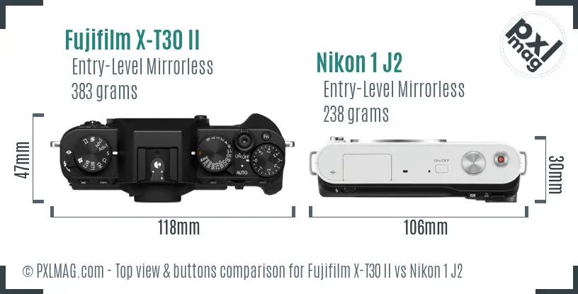 Fujifilm X-T30 II vs Nikon 1 J2 top view buttons comparison