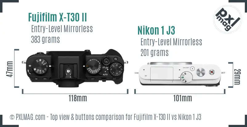 Fujifilm X-T30 II vs Nikon 1 J3 top view buttons comparison