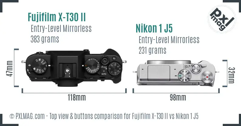 Fujifilm X-T30 II vs Nikon 1 J5 top view buttons comparison