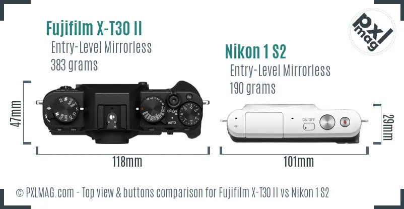 Fujifilm X-T30 II vs Nikon 1 S2 top view buttons comparison