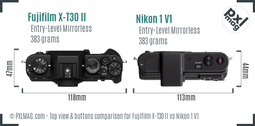 Fujifilm X-T30 II vs Nikon 1 V1 top view buttons comparison