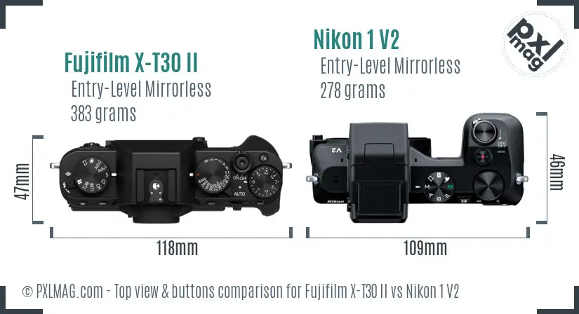 Fujifilm X-T30 II vs Nikon 1 V2 top view buttons comparison
