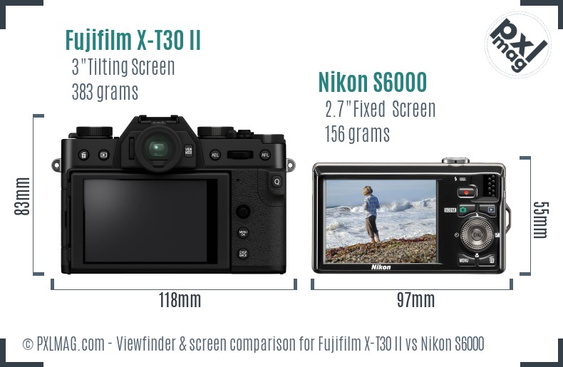 Fujifilm X-T30 II vs Nikon S6000 Screen and Viewfinder comparison