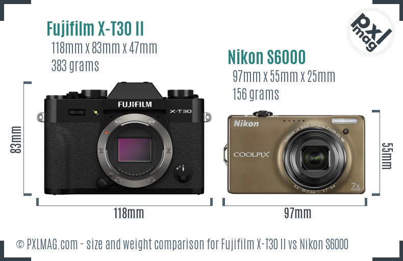 Fujifilm X-T30 II vs Nikon S6000 size comparison Fujifilm X-T30 II vs Nikon S6000 size comparison