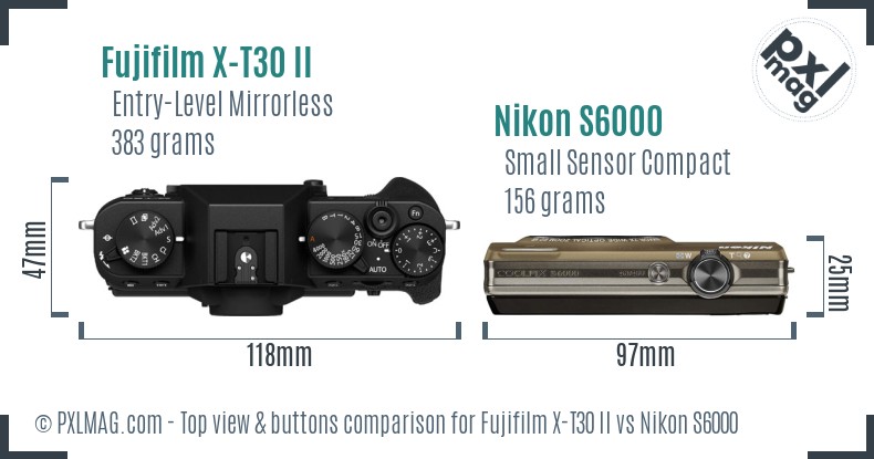 Fujifilm X-T30 II vs Nikon S6000 top view buttons comparison