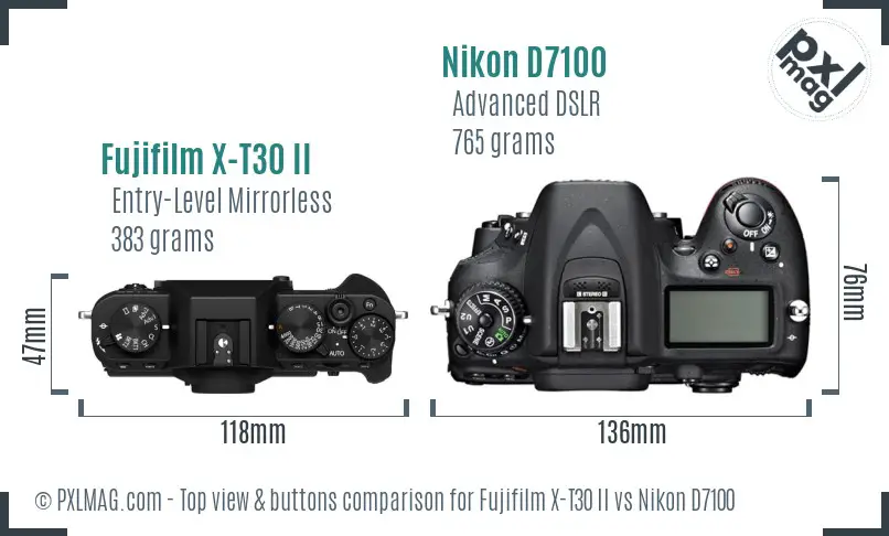 Fujifilm X-T30 II vs Nikon D7100 top view buttons comparison