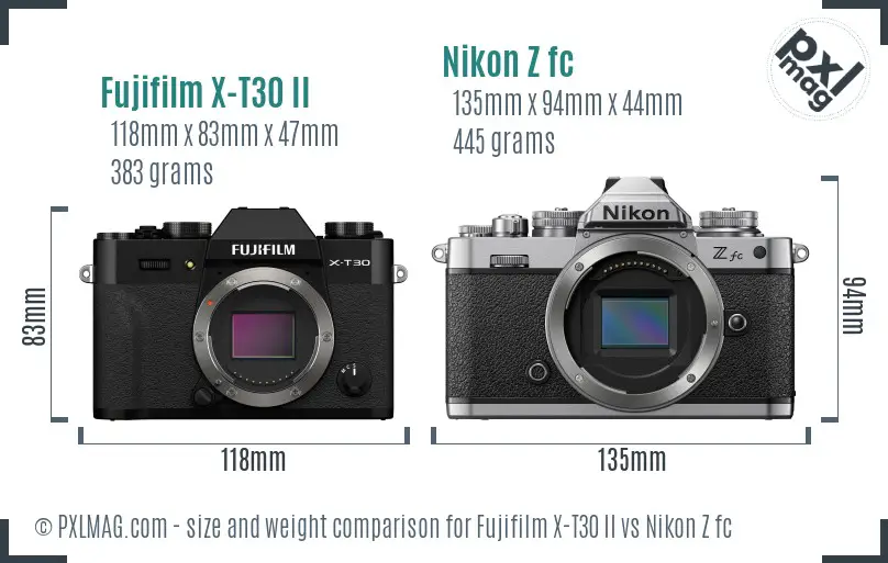 Fujifilm X-T30 II vs Nikon Z fc size comparison