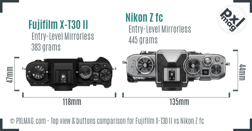 Fujifilm X-T30 II vs Nikon Z fc top view buttons comparison