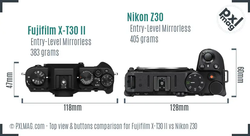 Fujifilm X-T30 II vs Nikon Z30 top view buttons comparison