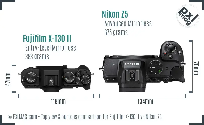 Fujifilm X-T30 II vs Nikon Z5 top view buttons comparison