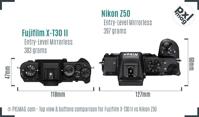 Fujifilm X-T30 II vs Nikon Z50 top view buttons comparison