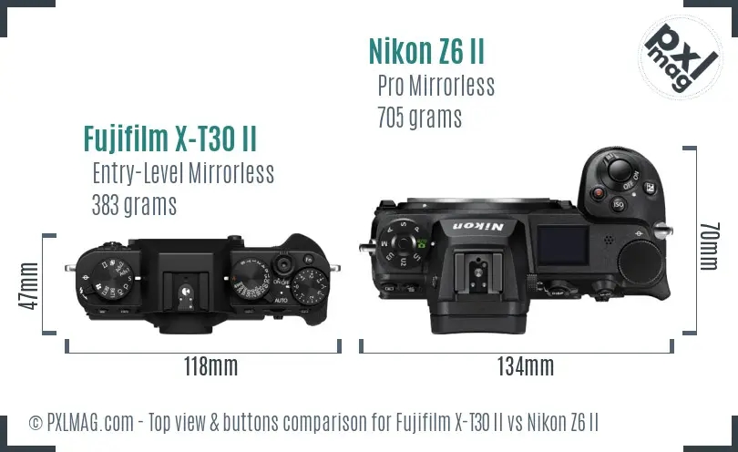 Fujifilm X-T30 II vs Nikon Z6 II top view buttons comparison