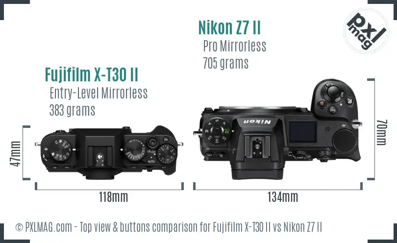 Fujifilm X-T30 II vs Nikon Z7 II top view buttons comparison