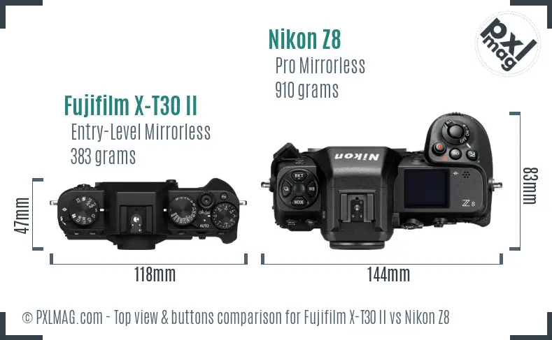 Fujifilm X-T30 II vs Nikon Z8 top view buttons comparison