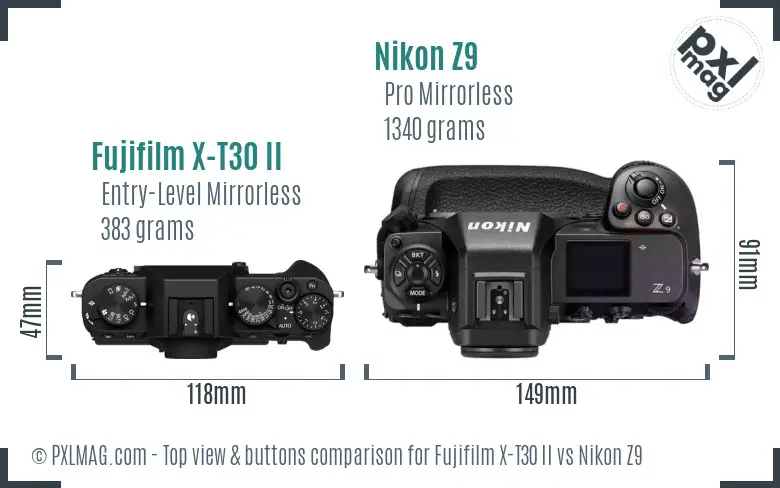 Fujifilm X-T30 II vs Nikon Z9 top view buttons comparison
