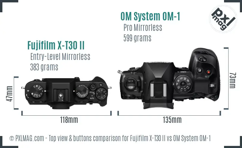 Fujifilm X-T30 II vs OM System OM-1 top view buttons comparison Fujifilm X-T30 II vs OM System OM-1 top view buttons comparison