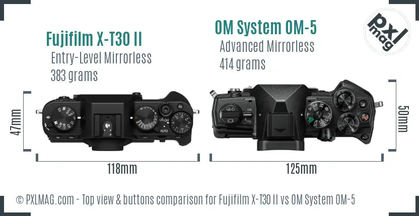 Fujifilm X-T30 II vs OM System OM-5 top view buttons comparison
