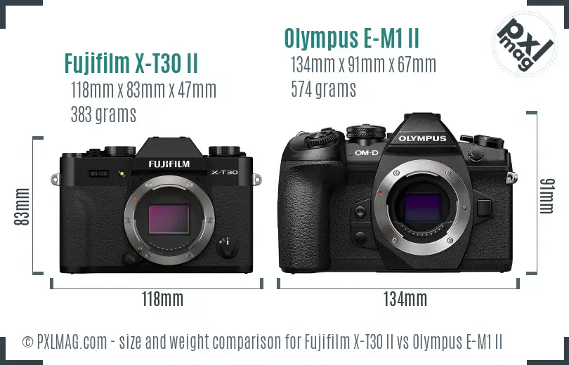Fujifilm X-T30 II vs Olympus E-M1 II size comparison