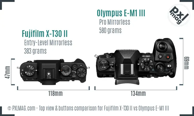 Fujifilm X-T30 II vs Olympus E-M1 III top view buttons comparison