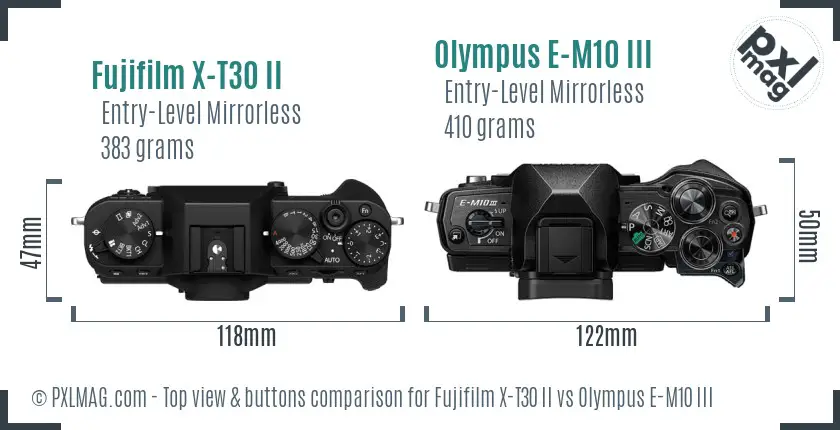 Fujifilm X-T30 II vs Olympus E-M10 III top view buttons comparison
