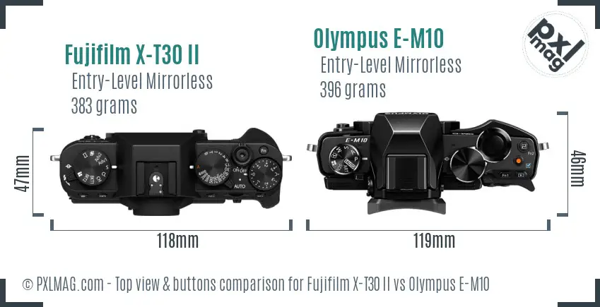 Fujifilm X-T30 II vs Olympus E-M10 top view buttons comparison