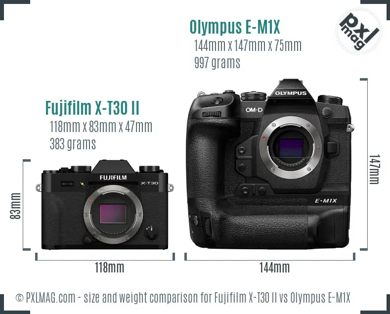 Fujifilm X-T30 II vs Olympus E-M1X size comparison