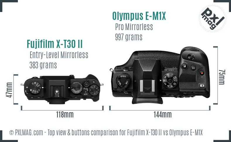 Fujifilm X-T30 II vs Olympus E-M1X top view buttons comparison