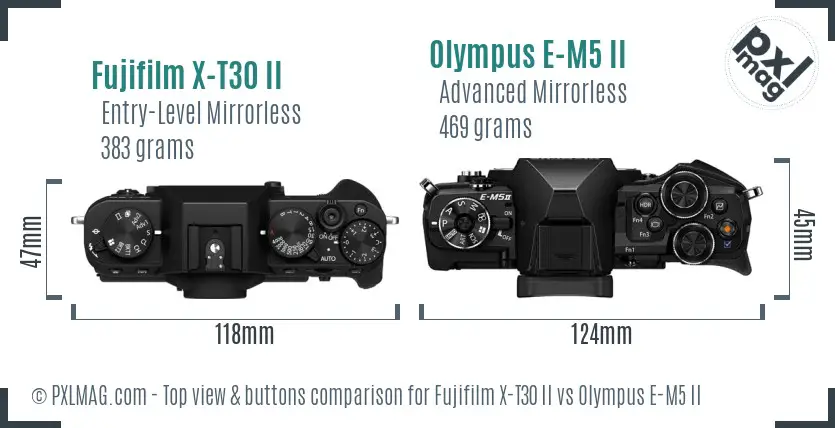 Fujifilm X-T30 II vs Olympus E-M5 II top view buttons comparison