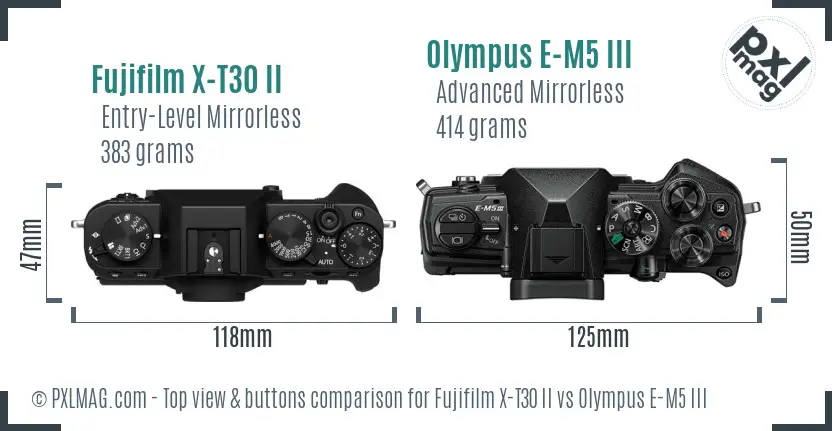 Fujifilm X-T30 II vs Olympus E-M5 III top view buttons comparison