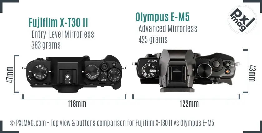 Fujifilm X-T30 II vs Olympus E-M5 top view buttons comparison