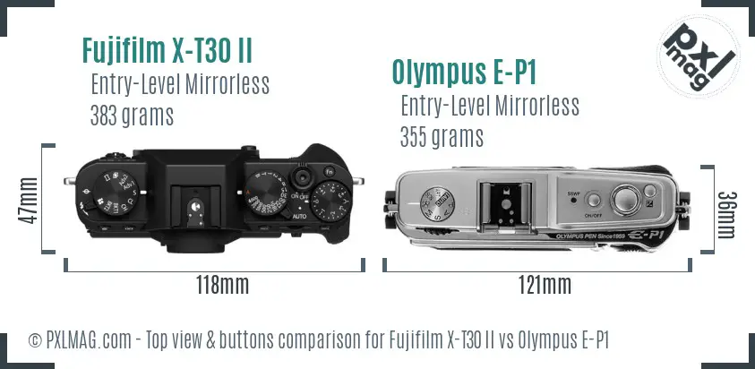 Fujifilm X-T30 II vs Olympus E-P1 top view buttons comparison