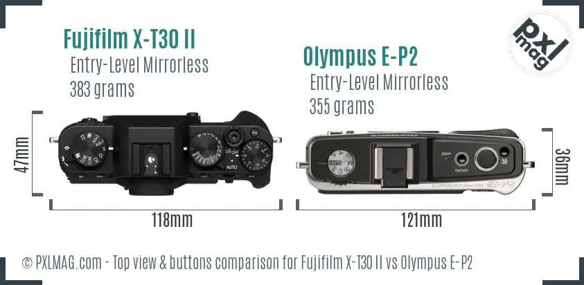 Fujifilm X-T30 II vs Olympus E-P2 top view buttons comparison