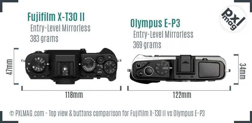 Fujifilm X-T30 II vs Olympus E-P3 top view buttons comparison