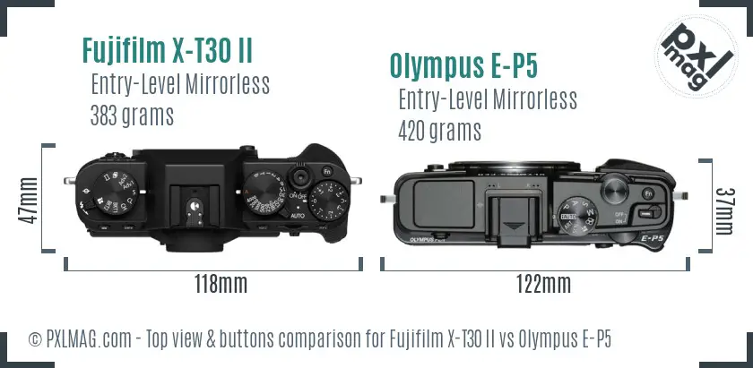 Fujifilm X-T30 II vs Olympus E-P5 top view buttons comparison