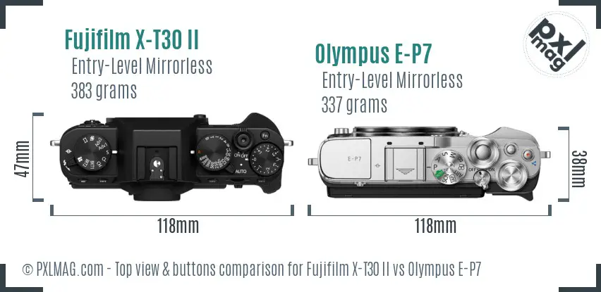 Fujifilm X-T30 II vs Olympus E-P7 top view buttons comparison