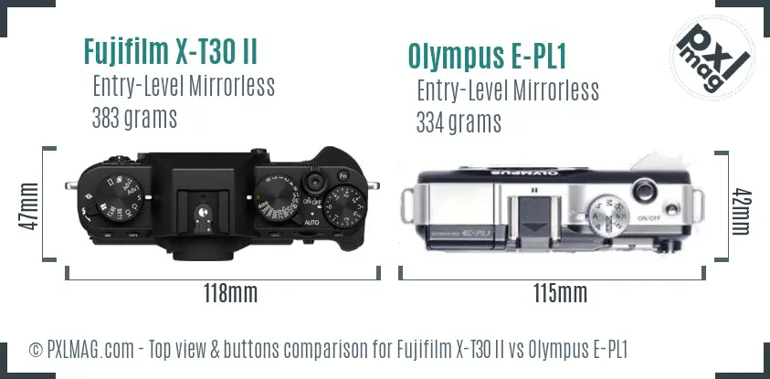 Fujifilm X-T30 II vs Olympus E-PL1 top view buttons comparison
