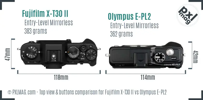 Fujifilm X-T30 II vs Olympus E-PL2 top view buttons comparison
