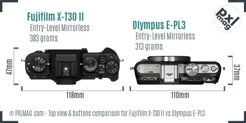 Fujifilm X-T30 II vs Olympus E-PL3 top view buttons comparison