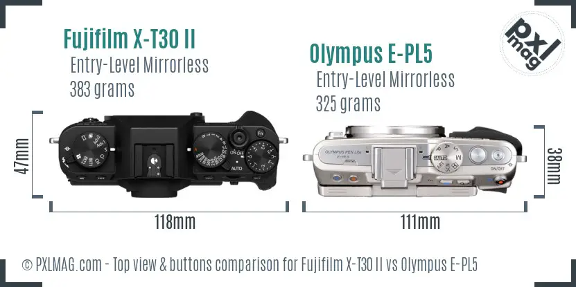 Fujifilm X-T30 II vs Olympus E-PL5 top view buttons comparison