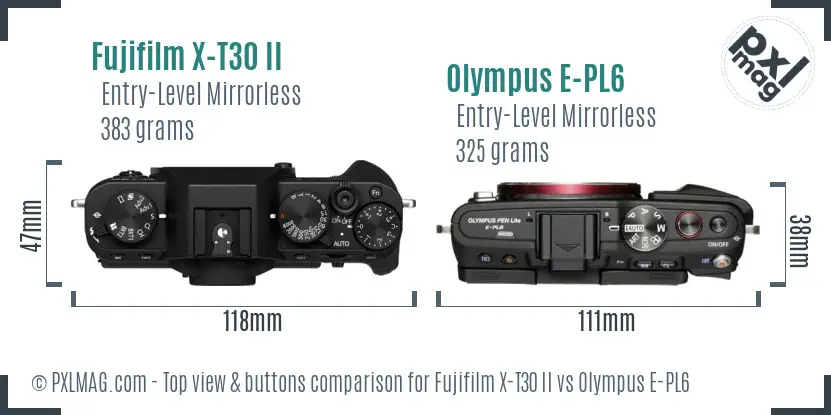 Fujifilm X-T30 II vs Olympus E-PL6 top view buttons comparison
