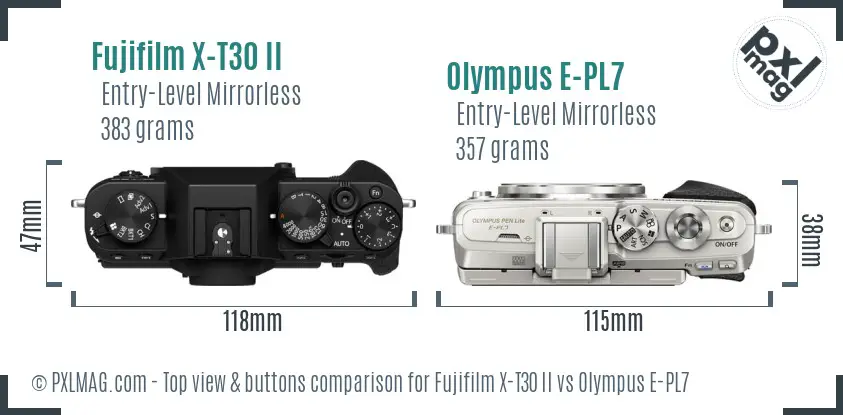Fujifilm X-T30 II vs Olympus E-PL7 top view buttons comparison