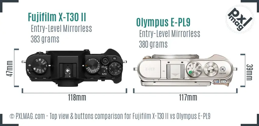 Fujifilm X-T30 II vs Olympus E-PL9 top view buttons comparison
