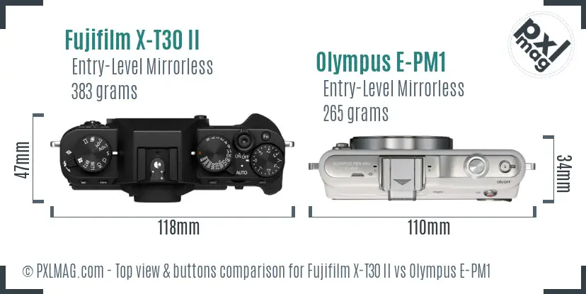 Fujifilm X-T30 II vs Olympus E-PM1 top view buttons comparison